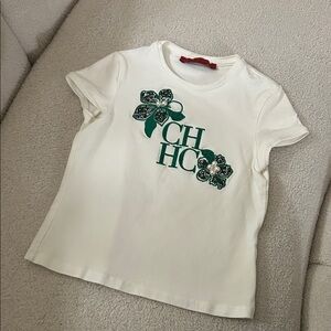 Carolina Herrera Kids Cream Tee with Green Floral Accents